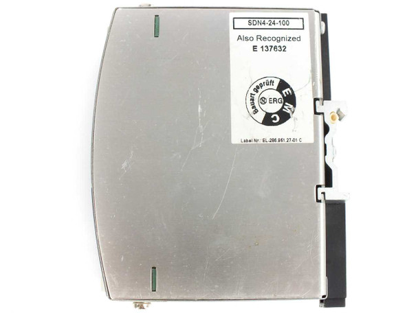 Sola SDN 4-24-100 — right side view showing UL recognition label E 137632, ERG certification sticker, and DIN rail clip