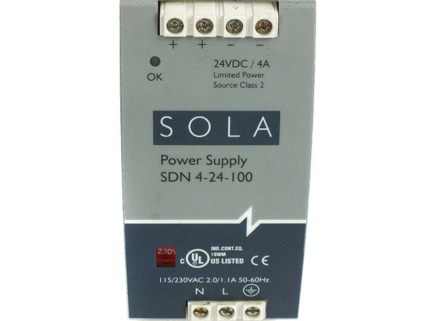 Sola SDN 4-24-100 — front panel close-up showing SOLA branding, SDN 4-24-100 model designation, 115/230VAC input rating, and UL listing mark
