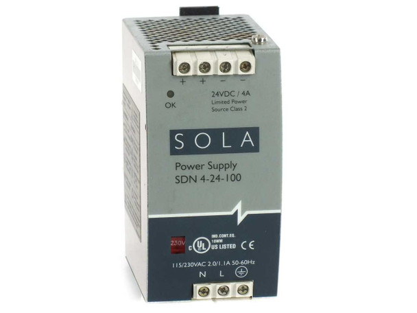 Sola SDN 4-24-100 DIN rail power supply — front panel view showing 24VDC 4A output label, OK LED indicator, and output terminal block