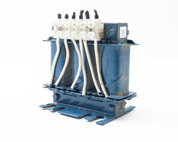 MTE RL-00201 RL Series 3-Phase Line Load Reactor – three-quarter front-left view showing blue laminated core and terminal block with white lead wires