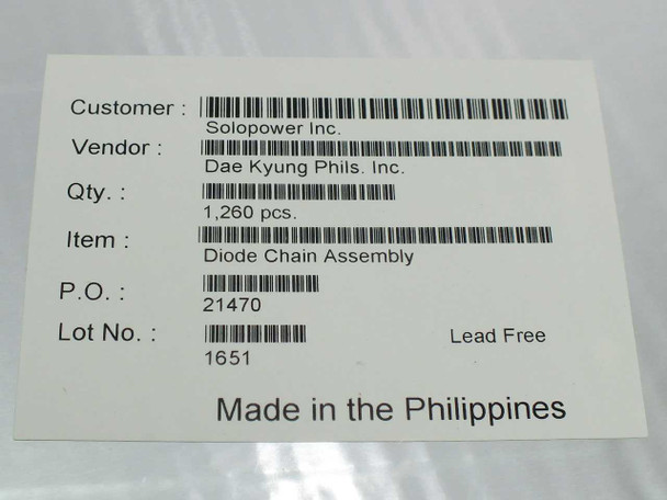 Dae Kyung Phils Diode Chain Assembly — product label showing Solopower customer, 1260 pcs, Lot 1651, Made in Philippines