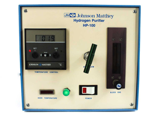 Johnson Matthey HP-100 Hydrogen Purifier front panel close-up — United Electric temperature controller showing 019°C, UP/DOWN flow knob, BLEED GAS slot, OVER TEMPERATURE indicator, and POWER switch