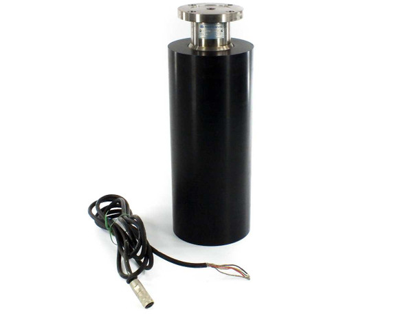 Montalvo 6898-350 roller load cell transducer — side view with attached output cable and bare wire leads