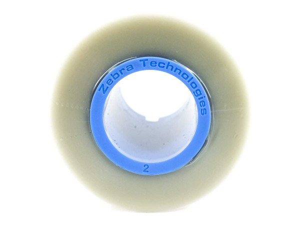 End view of Zebra 800015-914 laminate roll showing Zebra Technologies branded blue hub core