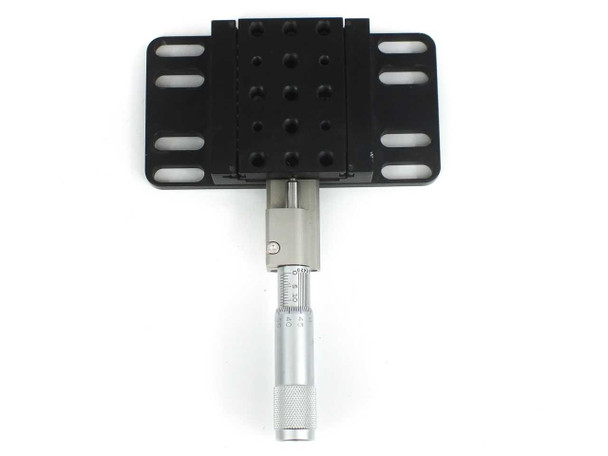 Newport 460P-X linear stage with SM-25 vernier micrometer – bottom-up view showing base plate underside, stage travel mechanism, and micrometer barrel markings