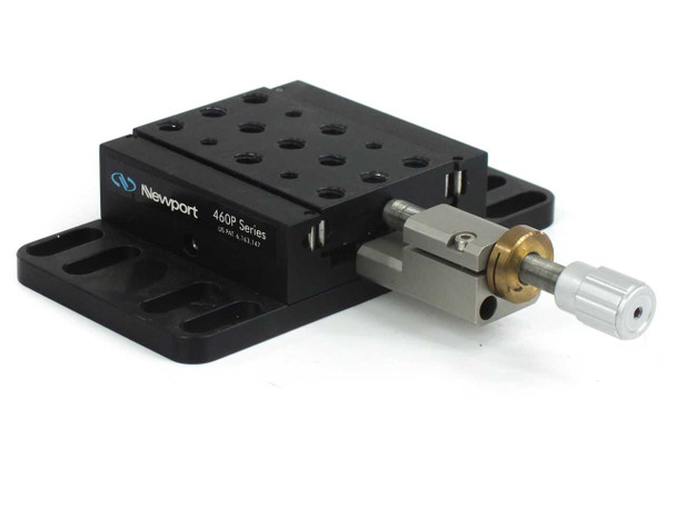 Newport 460P-X modular ball bearing linear stage — front-right three-quarter view showing Newport 460P Series label, tapped top plate, and micrometer actuator