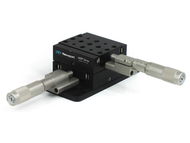 Newport 460P-X XY stacked linear stage pair with SM-25 micrometers — 3/4 front-right view showing both micrometer knurled thimbles and stacked stage assembly