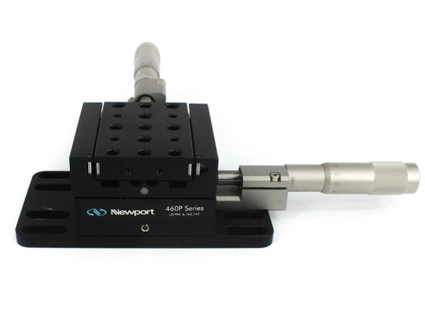 Newport 460P Series linear stage with SM-25 micrometer actuator — right side profile view showing stage body, base plate, and micrometer barrel