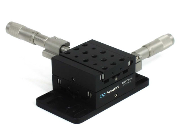 Newport 460P-X XY stacked ball bearing linear stage pair with two SM-25 vernier micrometers — 3/4 front-left view showing tapped top plate and Newport 460P Series label