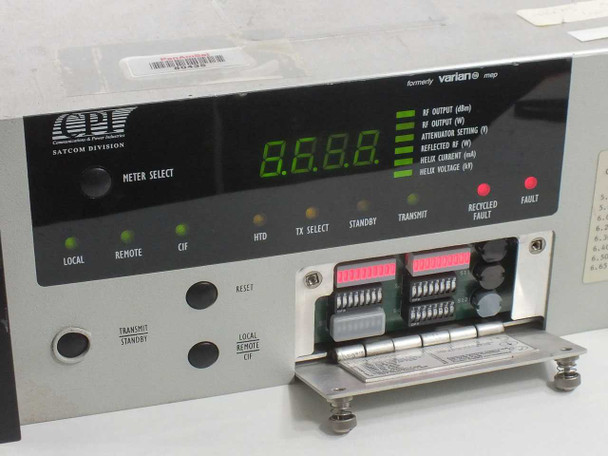 CPI VZC-6964A4 front panel close-up – CPI Satcom Division logo, 'formerly Varian MEP' label, meter select switch, LOCAL/REMOTE/CIF/HTD/TX SELECT/STANDBY/TRANSMIT/RECYCLED FAULT/FAULT indicators