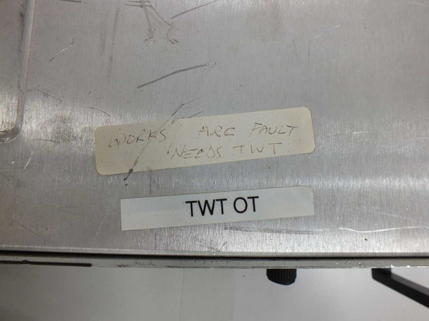 Hand-written condition label on CPI VZC-6964A4 – reads 'Works Arc Fault Needs TWT' with printed 'TWT OT' label below