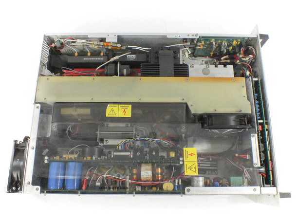 CPI VZC-6964A4 interior view with top cover removed showing TWT tube assembly, RF circuitry boards, power supply components, capacitor bank, transformers, wiring harness, and dual cooling fans