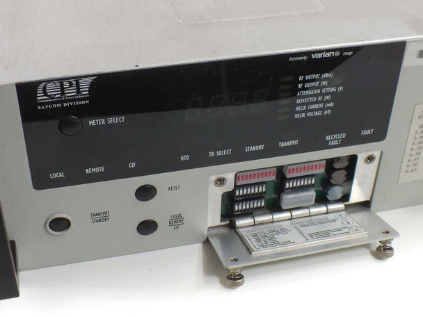 CPI VZC-6964A4 front panel close-up showing CPI Satcom Division logo, formerly Varian badge, meter display labels (RF Output, RF Current, Helix Current, Helix Voltage), and open access panel revealing LED fault indicators and connector strip