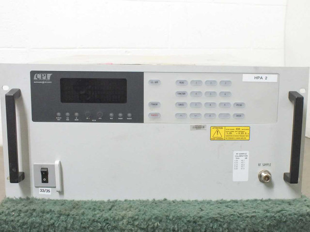 CPI VZC6967AM 750W C-Band TWTA HPA – front panel straight-on view showing CPI satcom division logo, keypad, display, RF sample port, and 33/35 label