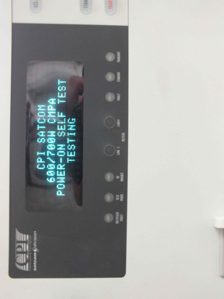 CPI VZC6967AM front panel display showing power-on self-test screen: CPI SATCOM 600/700W CMPA POWER-ON SELF TEST TESTING