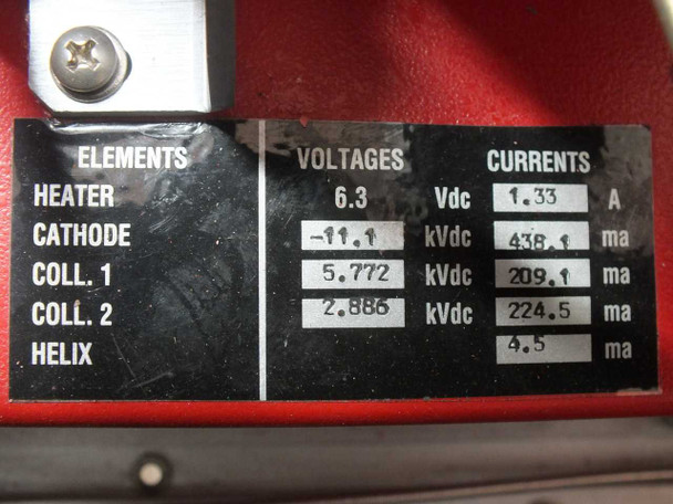 CPI TWT tube element ratings plate showing Heater 6.3 Vdc / 1.33A, Cathode -11.1 kVdc / 438.1 mA, Collector 1 5.772 kVdc / 209.1 mA, Collector 2 2.886 kVdc / 224.5 mA, Helix 4.5 mA