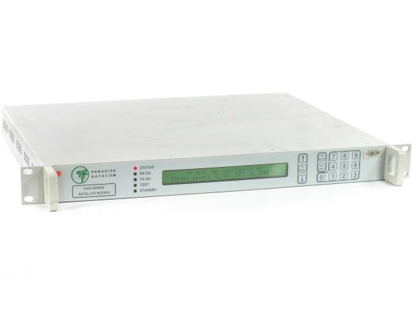 Paradise Datacom P300 satellite modem — front panel view showing LCD display, LED indicators, and numeric keypad