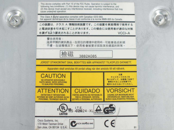 Cisco WS-C2924-XL-EN regulatory and compliance label showing FCC, UL, CE, and ITE markings with Cisco Systems manufacturer information