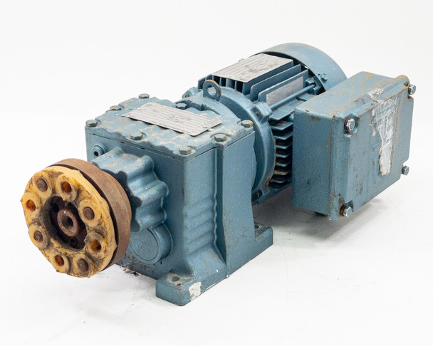 SEW-EURODRIVE R27DT71D4TH helical gear motor – three-quarter front view showing hollow shaft flange and motor nameplate