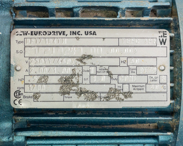 SEW-EURODRIVE R27DT71D4TH motor nameplate – showing type DT71D4TH, 230/460V, 60Hz, 1/3HP, 1700 RPM, CSA/CE markings