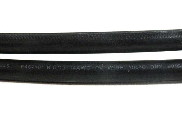 Close-up of 14AWG PV wire jacket printed marking: E467101-B (UL) 14AWG PV WIRE 105C DRY 90C