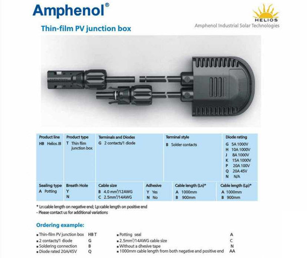 Amphenol Helios thin-film PV junction box ordering guide and part number decoder chart showing HBTGBNANCNAA configuration breakdown