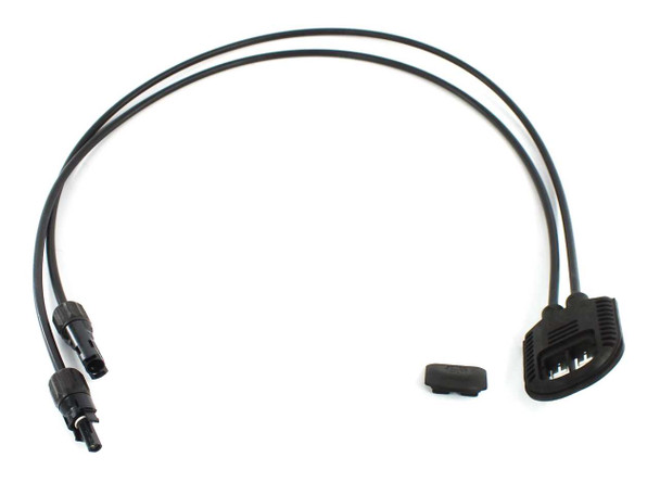 Amphenol Helios H4 HBTGBNANCNAA thin-film PV junction box assembly with 36-inch 14AWG dual cable leads and MC4-compatible male and female connectors, dust cap shown separately