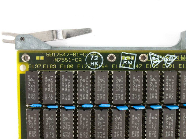 MSV11 M7551-CA QBus memory card top edge close-up showing PCB marking 5017547-01-CA-P2, date code 72 HK, and rows of DIP RAM ICs