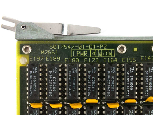 MSV11 M7551 QBus memory card top edge showing PCB marking 5017547-01-D1-P2, LPWR Digital label, and NEC D41464C2118-47202 DIP RAM chips