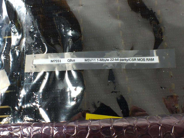 Anti-static bag label reading M7551 QBus MSV11 1-Mbyte 22-bit parity/CSR MOS RAM for DEC PDP-11 memory card