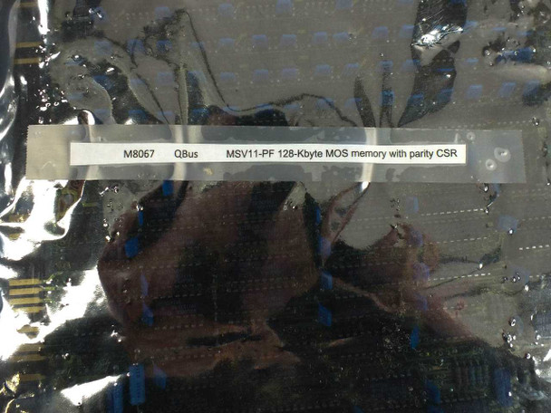 Anti-static bag label reading M8067 QBus MSV11-PF 128-Kbyte MOS memory with parity CSR for DEC PDP-11 memory card
