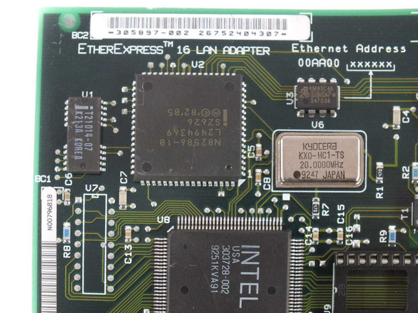 Intel EtherExpress 16 — close-up of main Intel 82586 controller chip and Kyocera 20 MHz oscillator with board label and Ethernet Address area