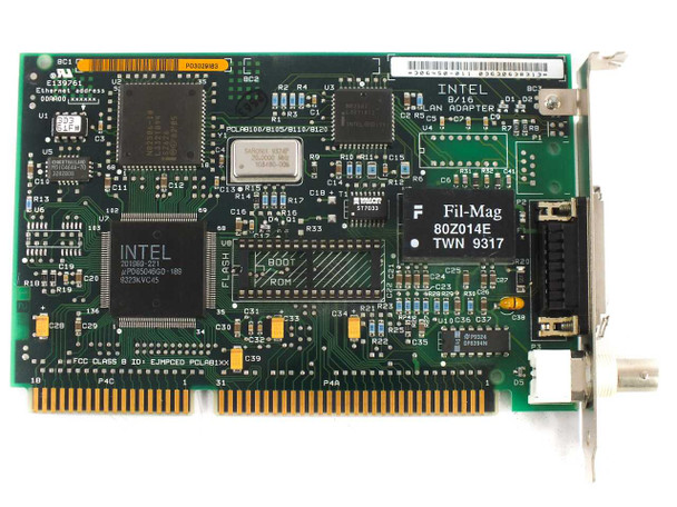 Intel EtherExpress 16 ISA NIC 306450-011 — top-side PCB view showing Intel main controller chip and Fil-Mag transformer