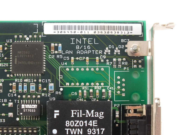 Intel EtherExpress 16 ISA LAN Adapter — close-up of PCB label showing part number 306450-011 and Intel 8/16 LAN Adapter silkscreen