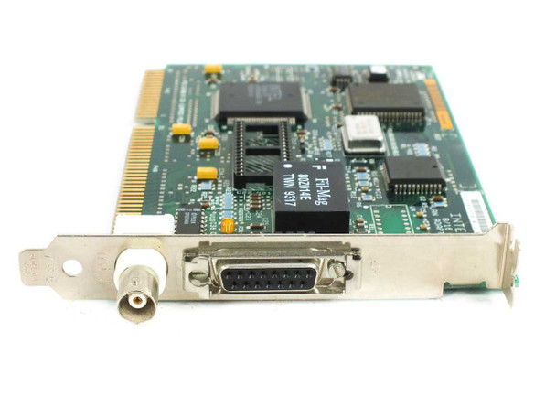 Intel EtherExpress 16 ISA LAN Adapter 306450-011 — angled side view showing ISA edge connector, BNC coax port, and DB-15 AUI port