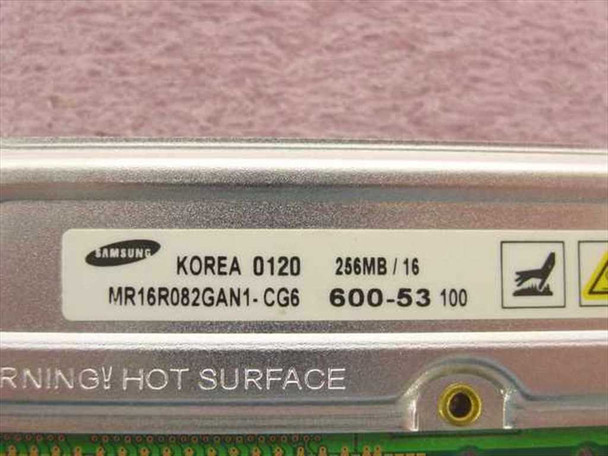 Samsung MR16R082GAN1-CG6 RDRAM RIMM label closeup showing 256MB/16, PC600-53, Korea 0120 date code, and HOT SURFACE warning