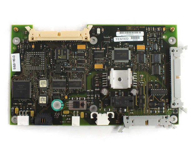 HP C1107-66500 Rev B Controller PCA Board – top-down component view showing TESTED label sticker and main logic ICs