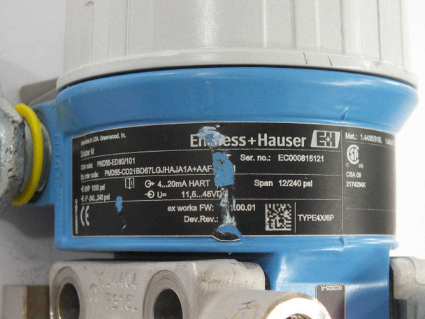 Endress+Hauser PMD55 – close-up of nameplate label showing model PMD55-CD21BD67LGJHAJA1A+AAF, 4–20mA HART output, 11.5–45V DC supply, span 12/240 PSI, CSA and CE markings