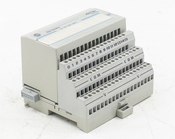Allen-Bradley 1794-IB16 with 1794-TB3 terminal base — three-quarter right-front view showing full terminal block depth and DIN rail clip
