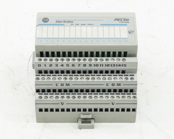 Allen-Bradley 1794-IB16 Flex I/O input module — front view showing Allen-Bradley and Flex I/O labeling, terminal rows numbered 0–15 with COM and V rails
