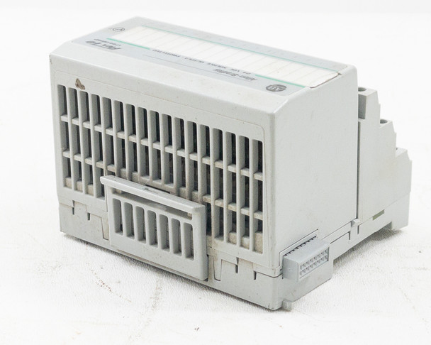 Allen-Bradley 1794-OB16P FLEX I/O module — left side view showing ventilation slots, DIN rail clip, and module bus connector