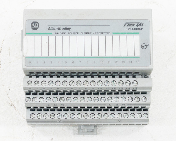 Allen-Bradley 1794-OB16P module close-up front label — reads '24 VDC SOURCE OUTPUT - PROTECTED' and model number 1794-OB16P