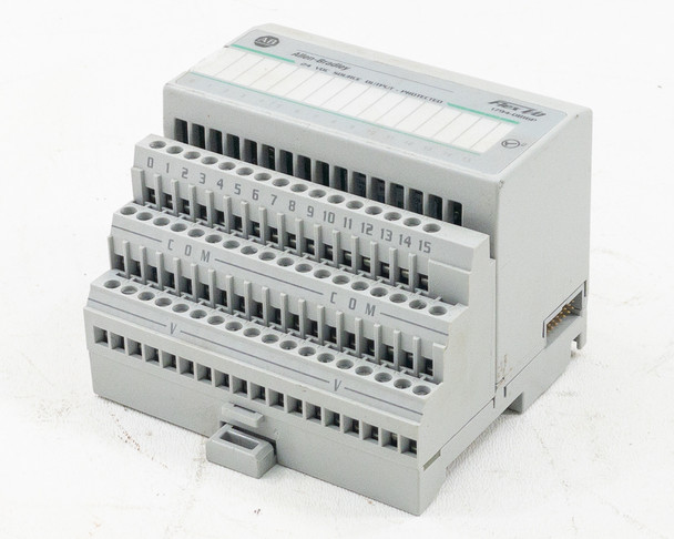 Allen-Bradley 1794-OB16P FLEX I/O module with 1794-TB3 terminal base installed — angled front-left view showing 16 numbered output terminals and COM/V rows