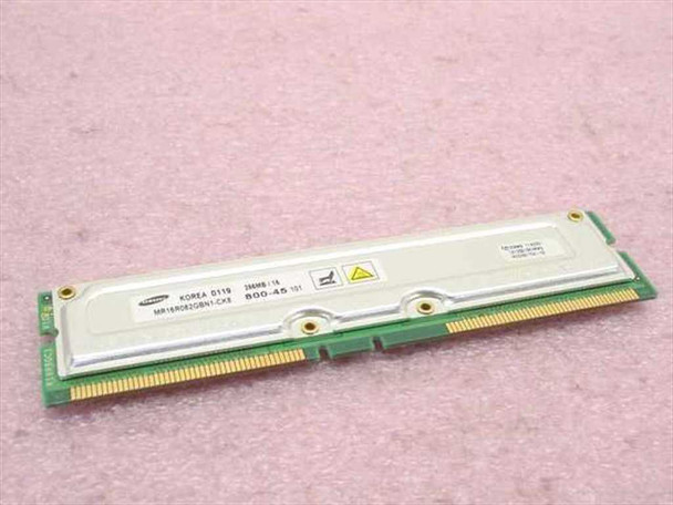 Samsung MR16R082GBN1-CK8 256MB PC800-45 RDRAM RIMM module — top view showing heat spreader and gold edge connector