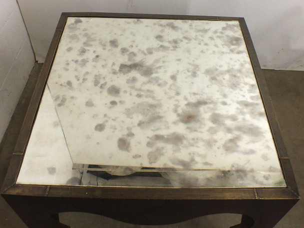 Artistica Van Cleef 126-260 Square End Table – top-down close-up of antiqued mirrored surface with brass frame edge
