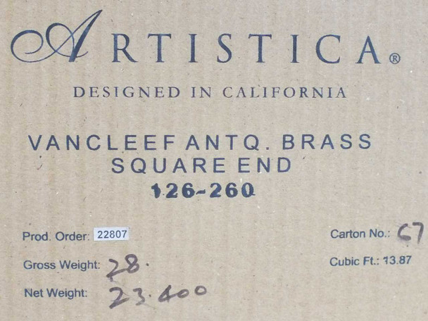 Artistica 126-260 Van Cleef Antique Brass Square End Table – original box label showing model number and product details