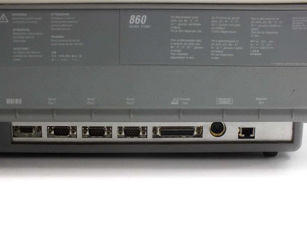 Siemens Rapidlab 860 rear panel showing four serial ports, parallel port, network RJ-45 port, power connector, and multilingual warning labels