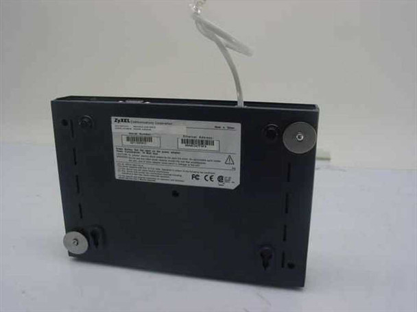 ZyXEL P642ME AM408300 bottom view showing rating label, FCC/CE markings, and rubber feet