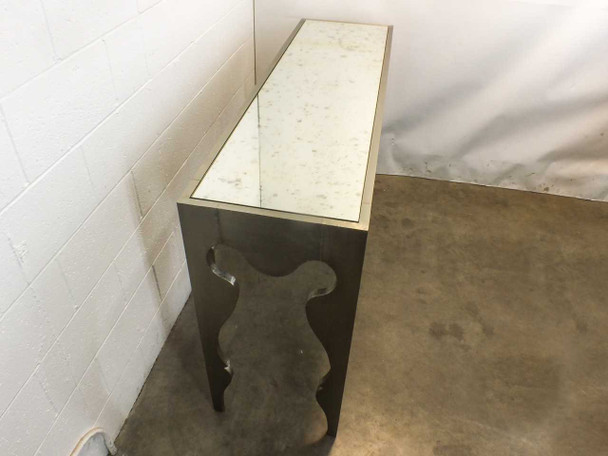 Artistica Vancleef console table – side angle view showing depth of antique mirror top and leg profile