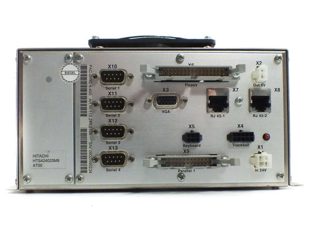 Comsys AG PAC-BRIC 4-450 – full front panel view showing all connectors including serial ports X10–X13, VGA X3, floppy X6, parallel X9, keyboard X5, trackball X4, RJ45 X7/X8, 8V out X2, 24V in X1